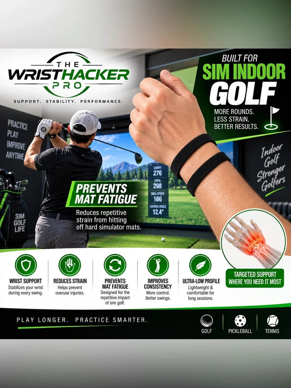 WristHacker Pro Wrist Support Strap for Golf, Pickleball, & Tennis